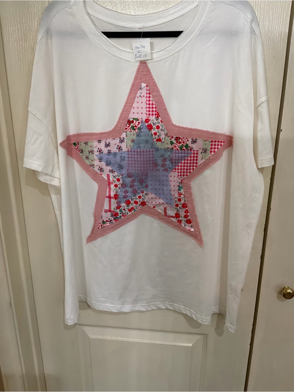 White Short-Sleeve Tee with Pink Patchwork Star
